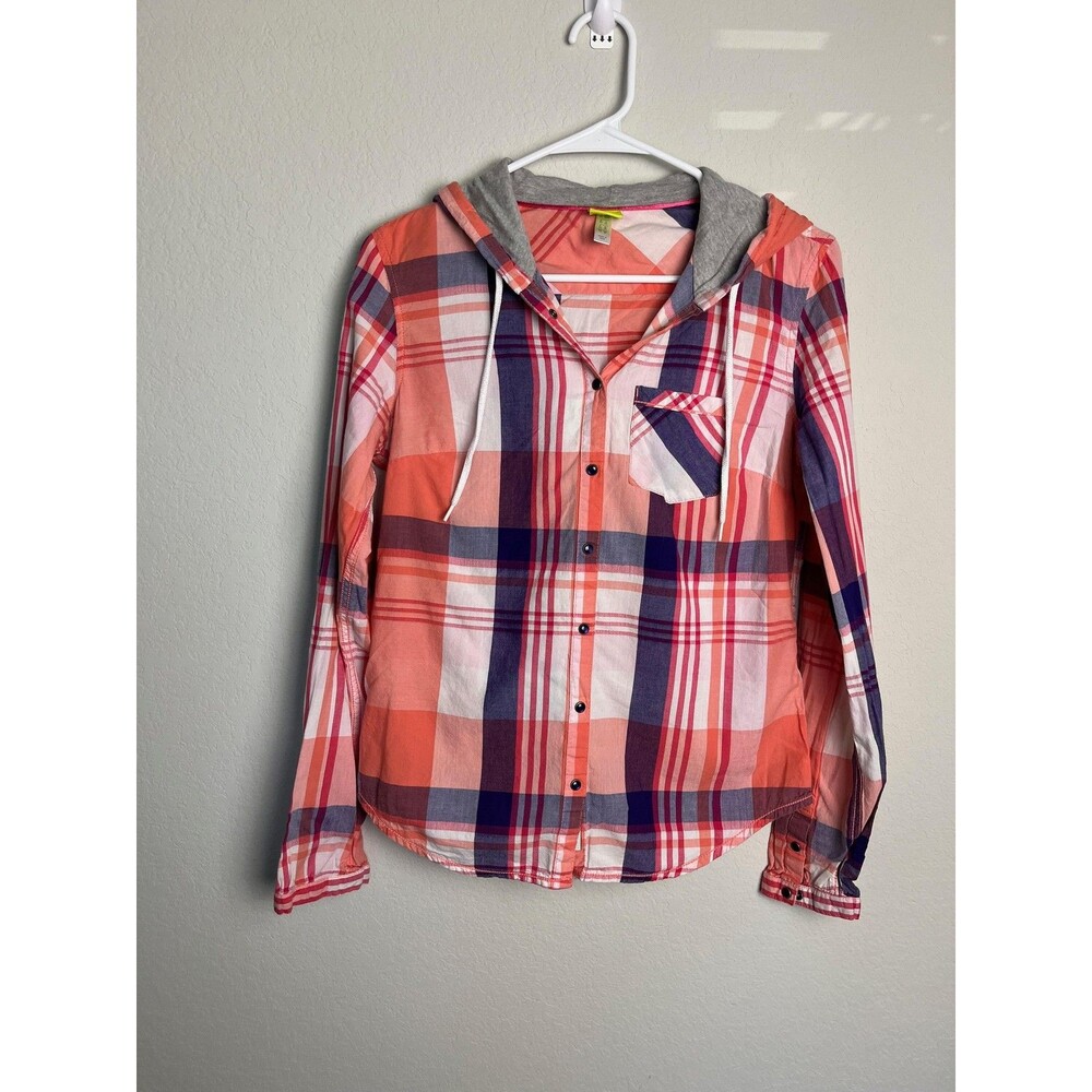 Adidas Shirt Womens Medium Multicolor Plaid Hooded Snap Button Up‎ Neo Label